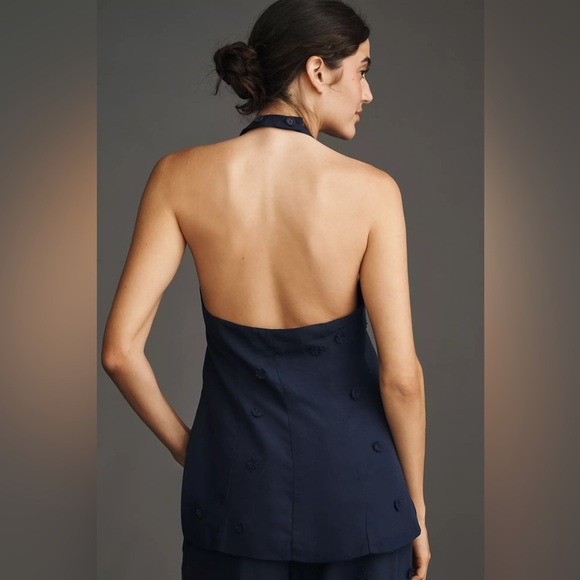NWT! Anthropologie Maeve Navy Linen Blend Floral Detail Halter Vest Top 🦕☮️ - Picture 2 of 3